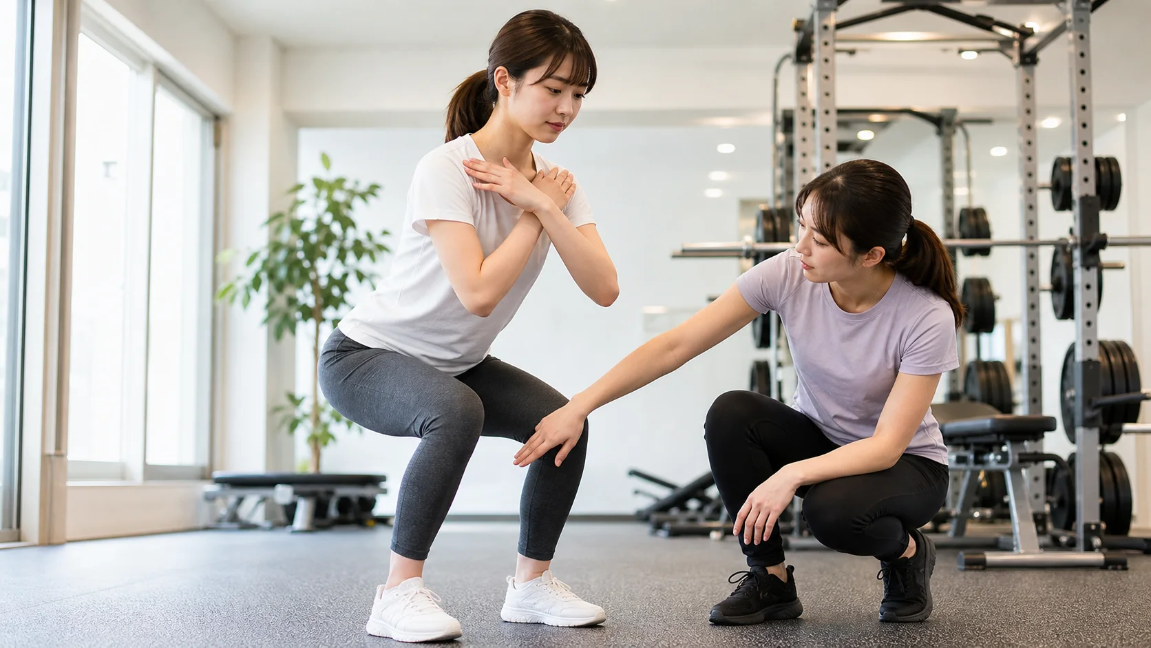 膝の向きを確認しながらスクワットする女性