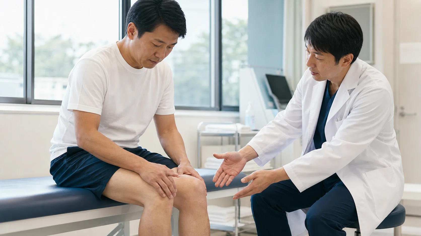 膝の曲がりにくさを医師に相談する男性