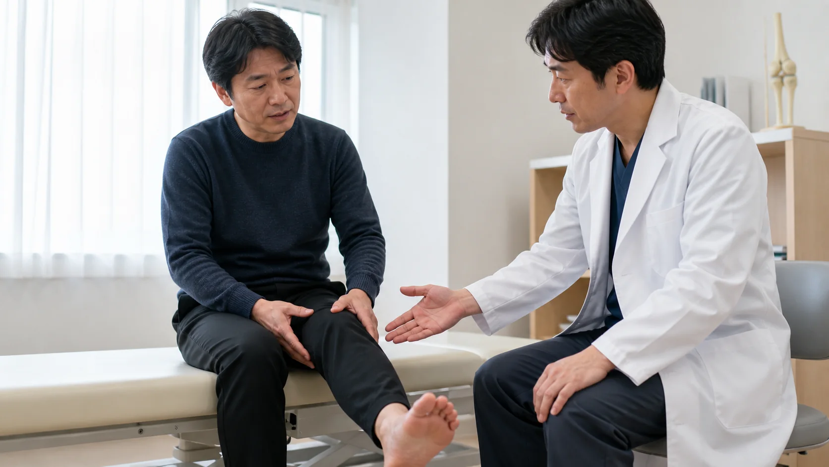 膝が伸びない症状を医師に相談する様子