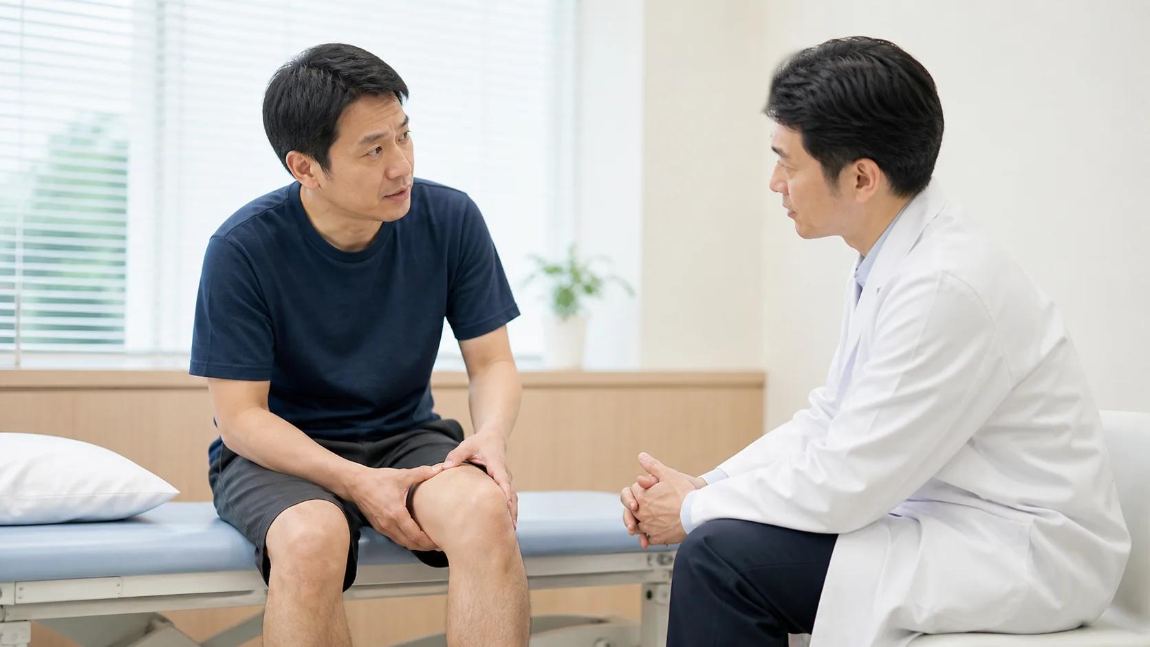 繰り返す膝の不安定感を医師に相談する様子