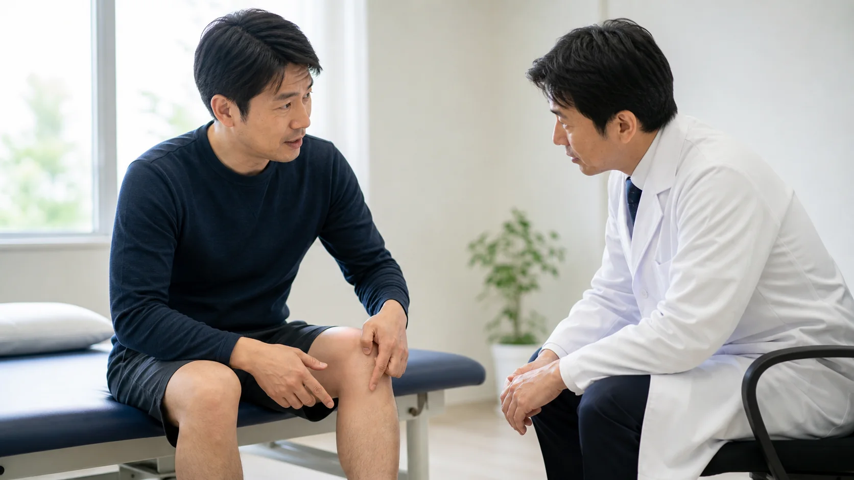 繰り返す膝の引っかかりを医師に相談する様子