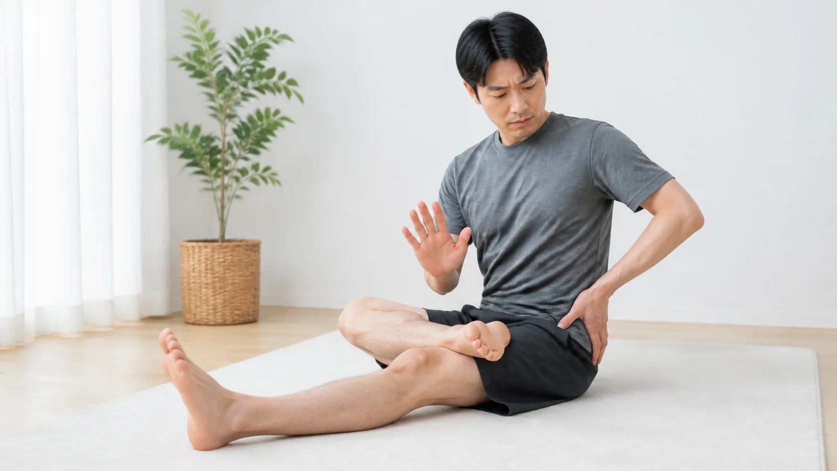 股関節の詰まりを感じてストレッチを中止する男性