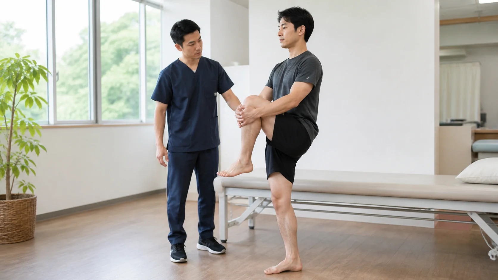 脚を上げて股関節前側の詰まりを確認する様子