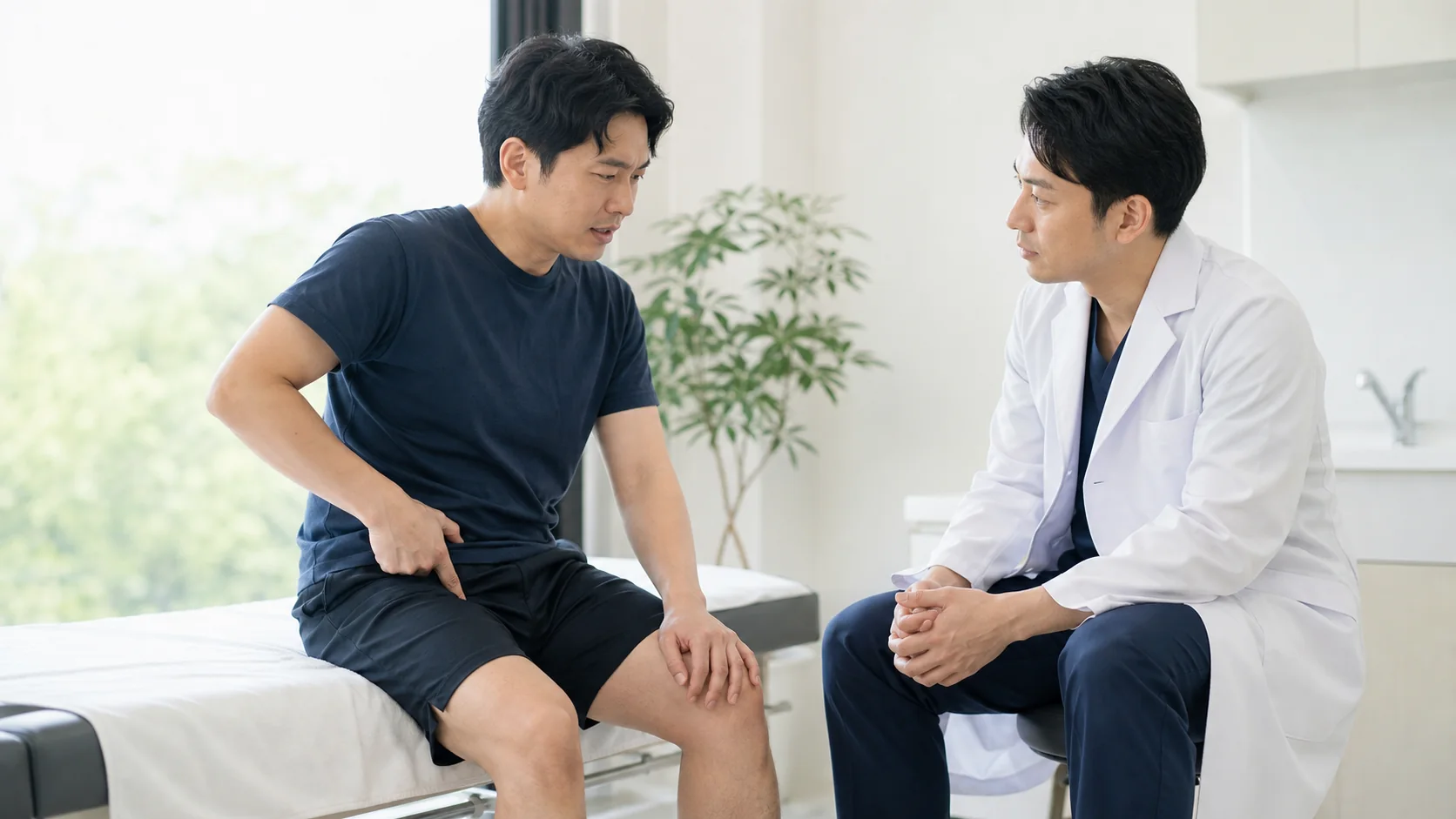 股関節前側の詰まりを医師に相談する様子