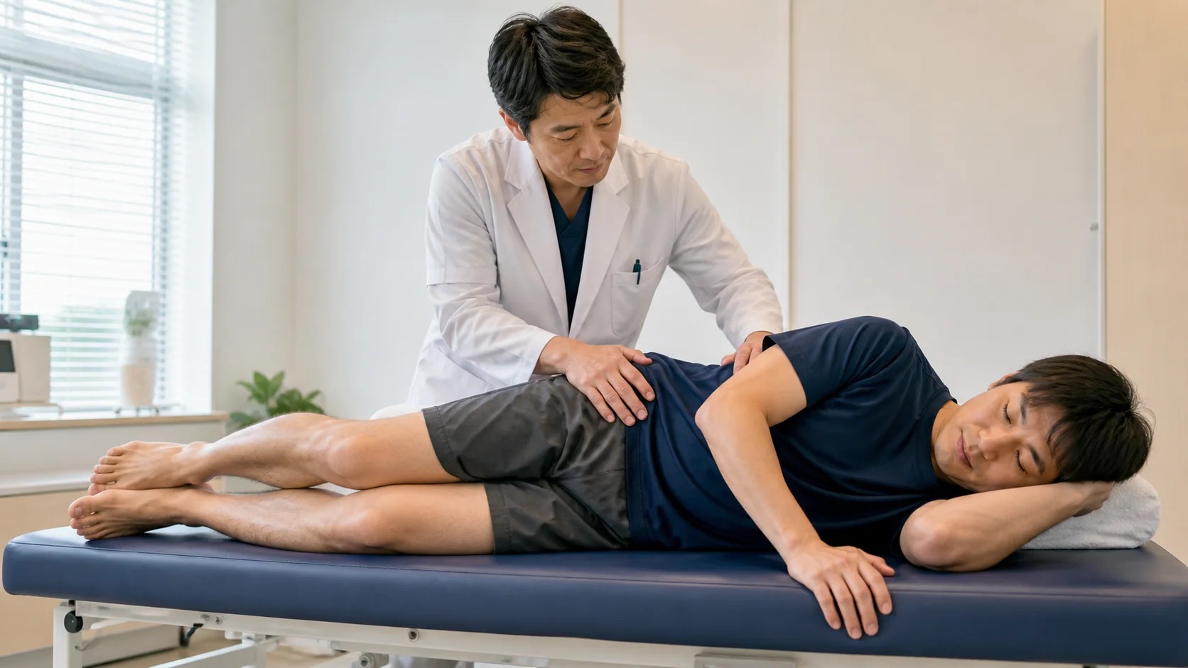 股関節外側の痛みを医師が確認する様子