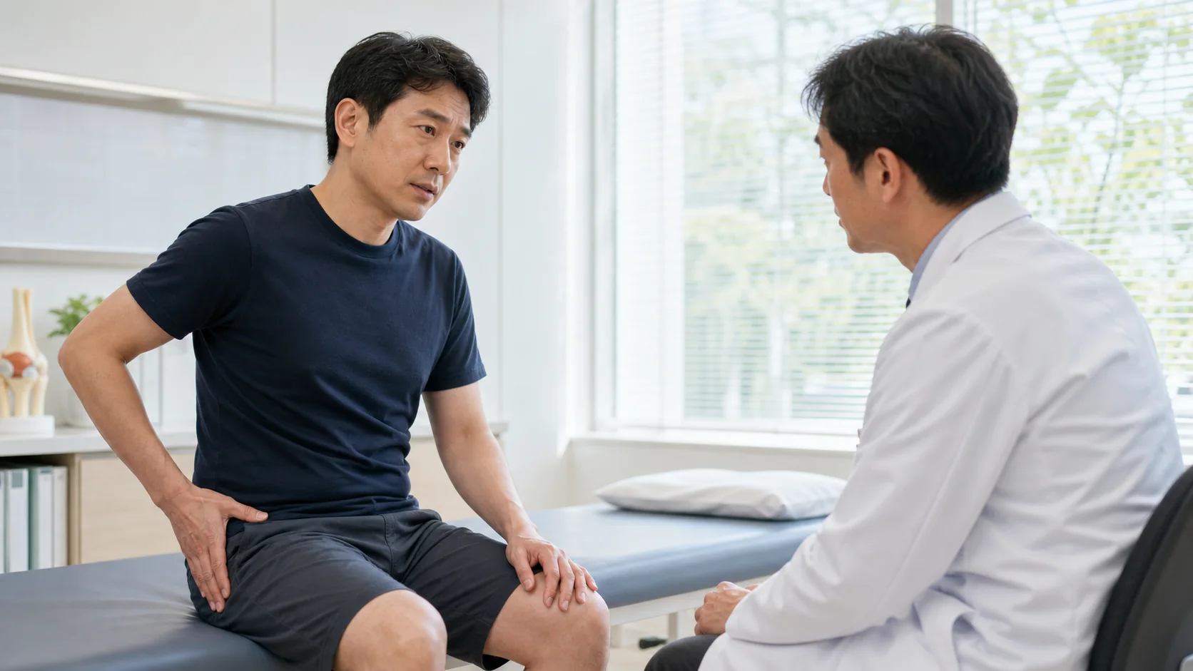 夜間の股関節痛を医師に相談する様子