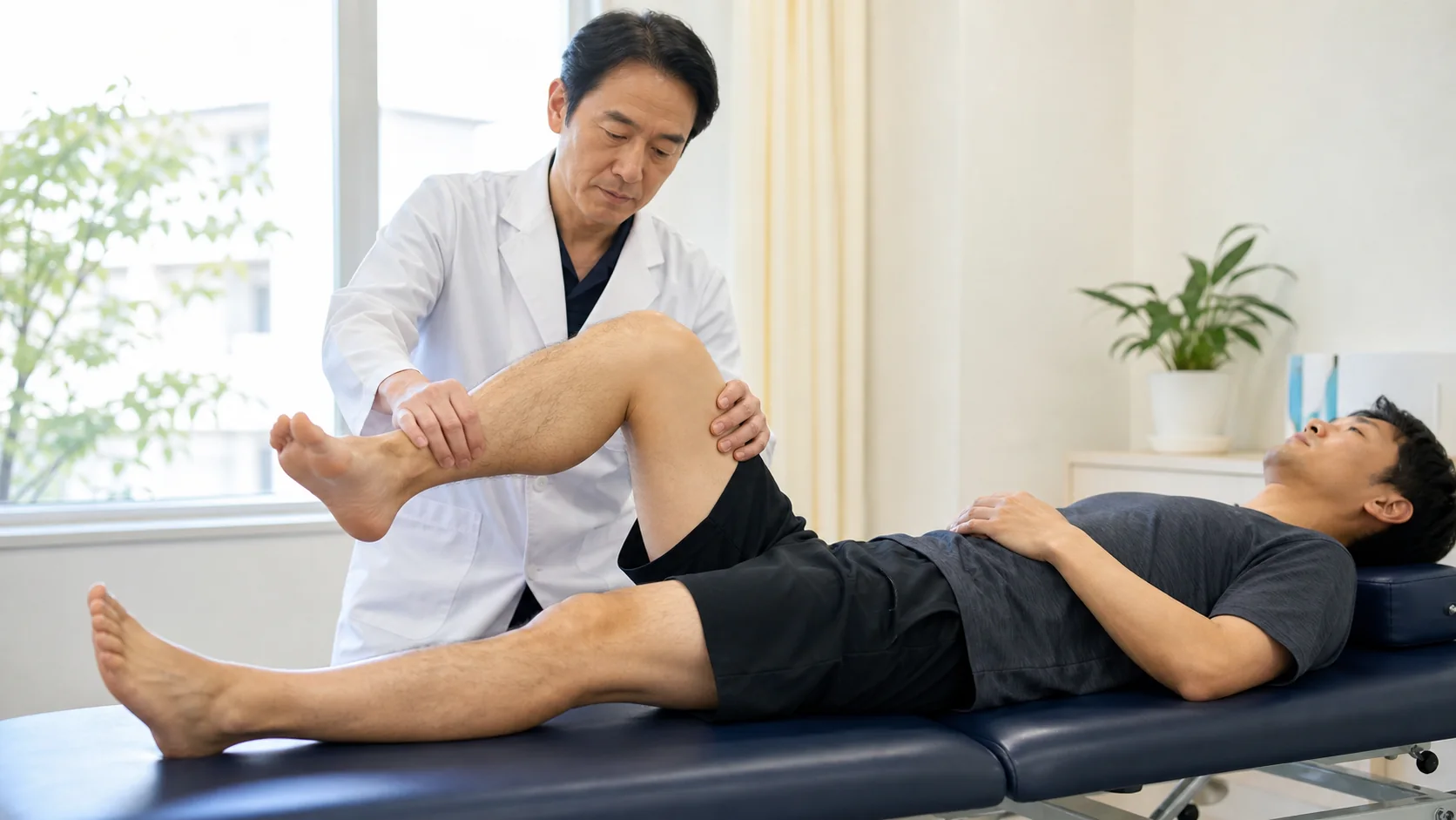 股関節の可動域を医師が確認する様子