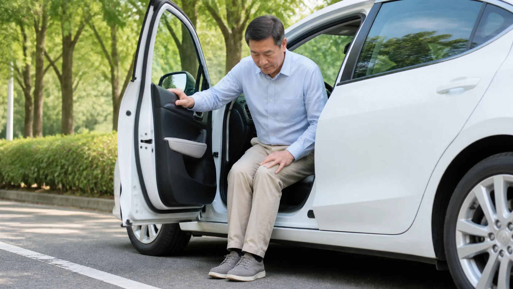 両脚をそろえて車から降りる姿勢