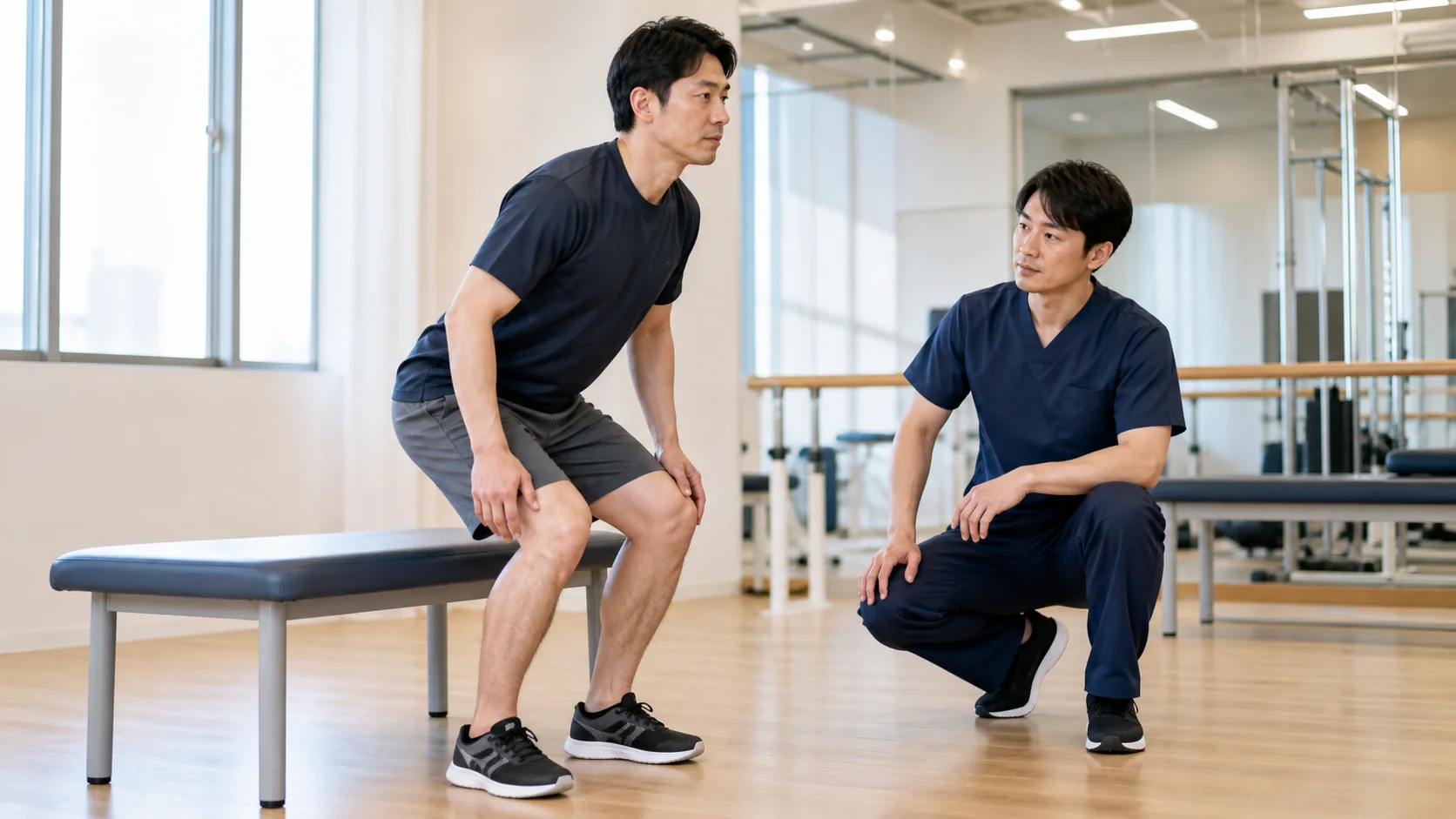 立ち上がり動作で股関節痛の出方を確認する様子