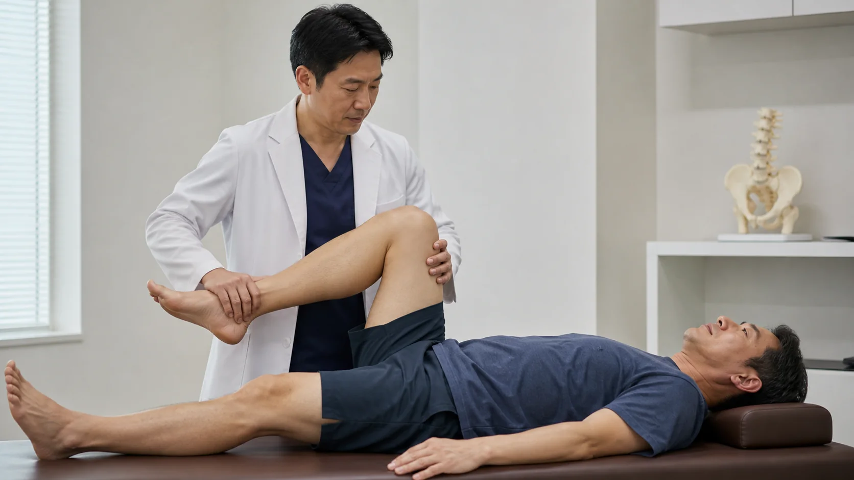 医師が股関節の可動域を検査する様子