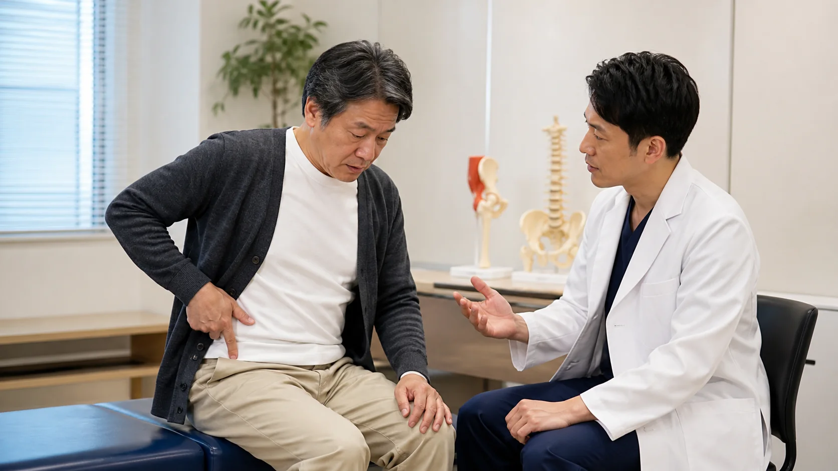 股関節の痛みを医師に相談する患者