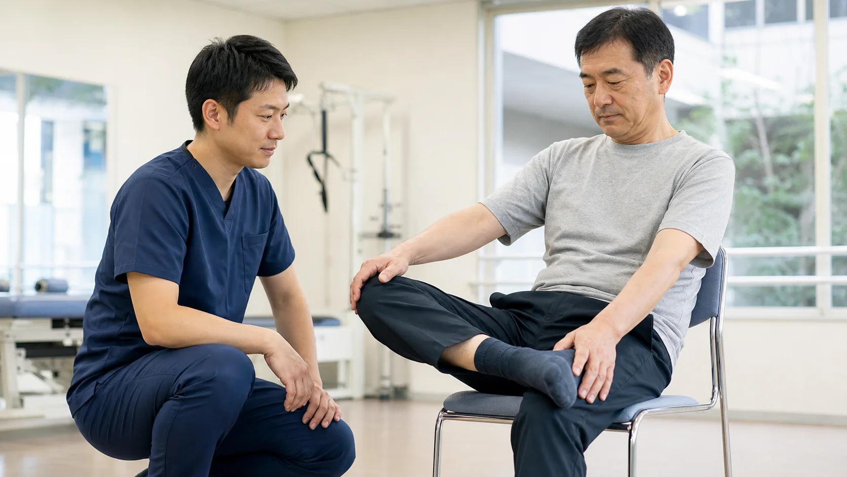 靴下動作で股関節の可動域を確認する様子