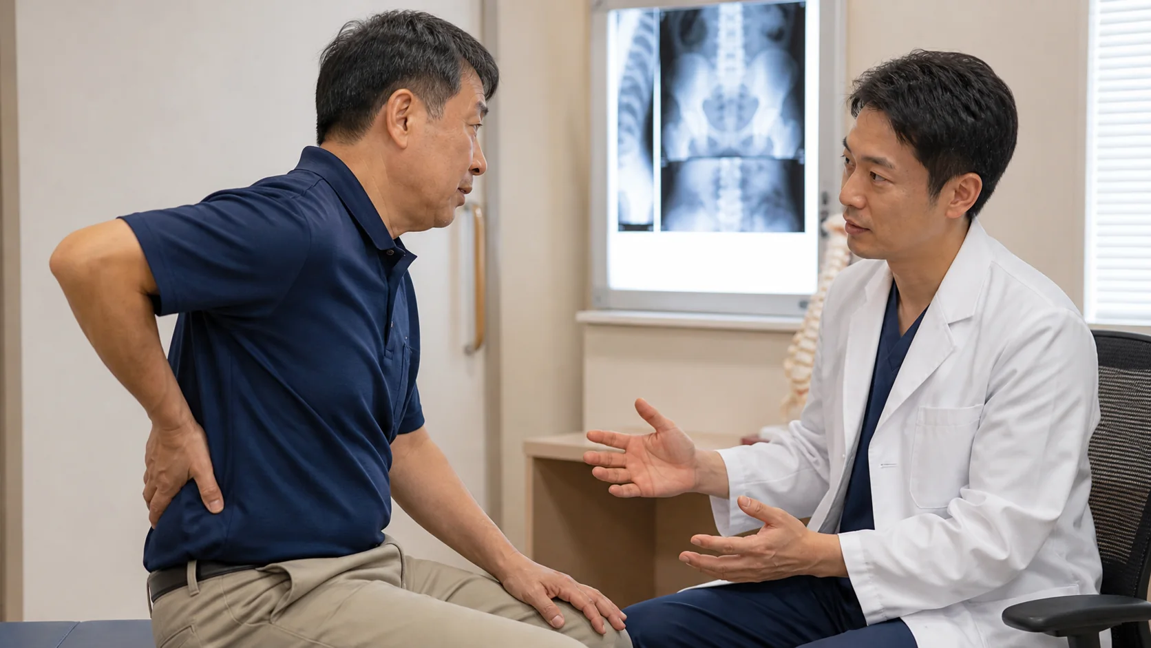 腰痛の受診目安を医師に相談する患者