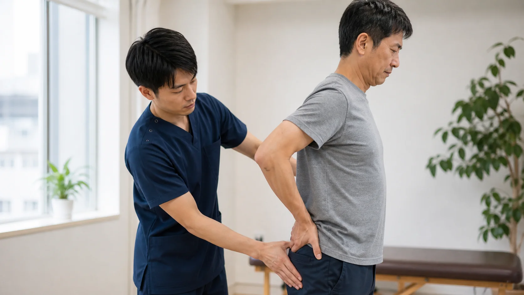 腰・骨盤・股関節の動きを評価する様子