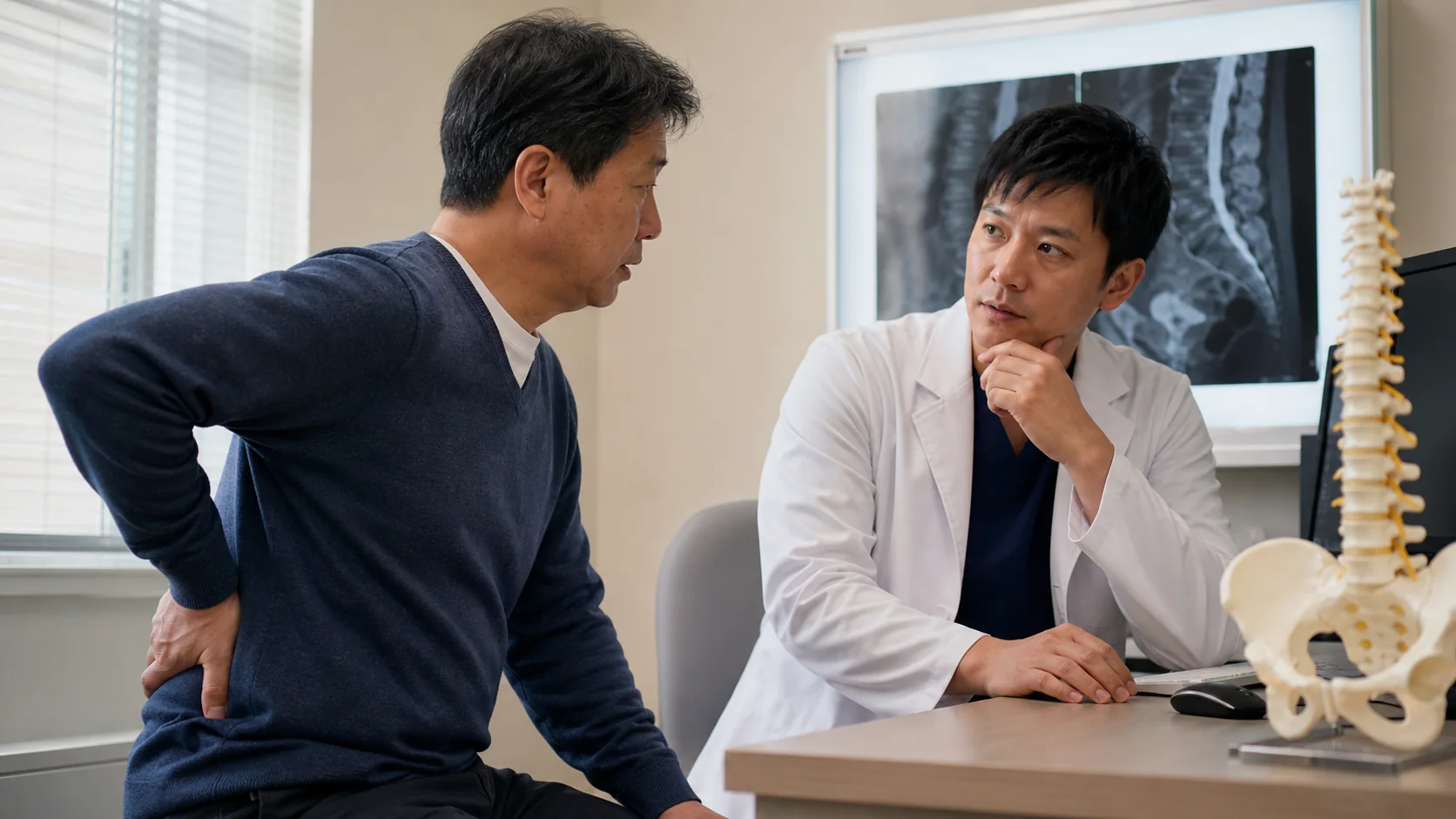 腰の不安定感を医師に相談する患者
