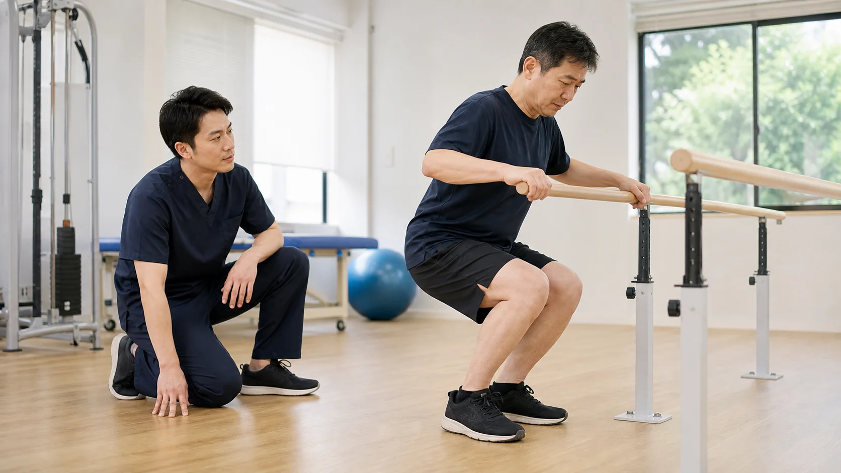 腰の不安定感と脚力を確認する様子