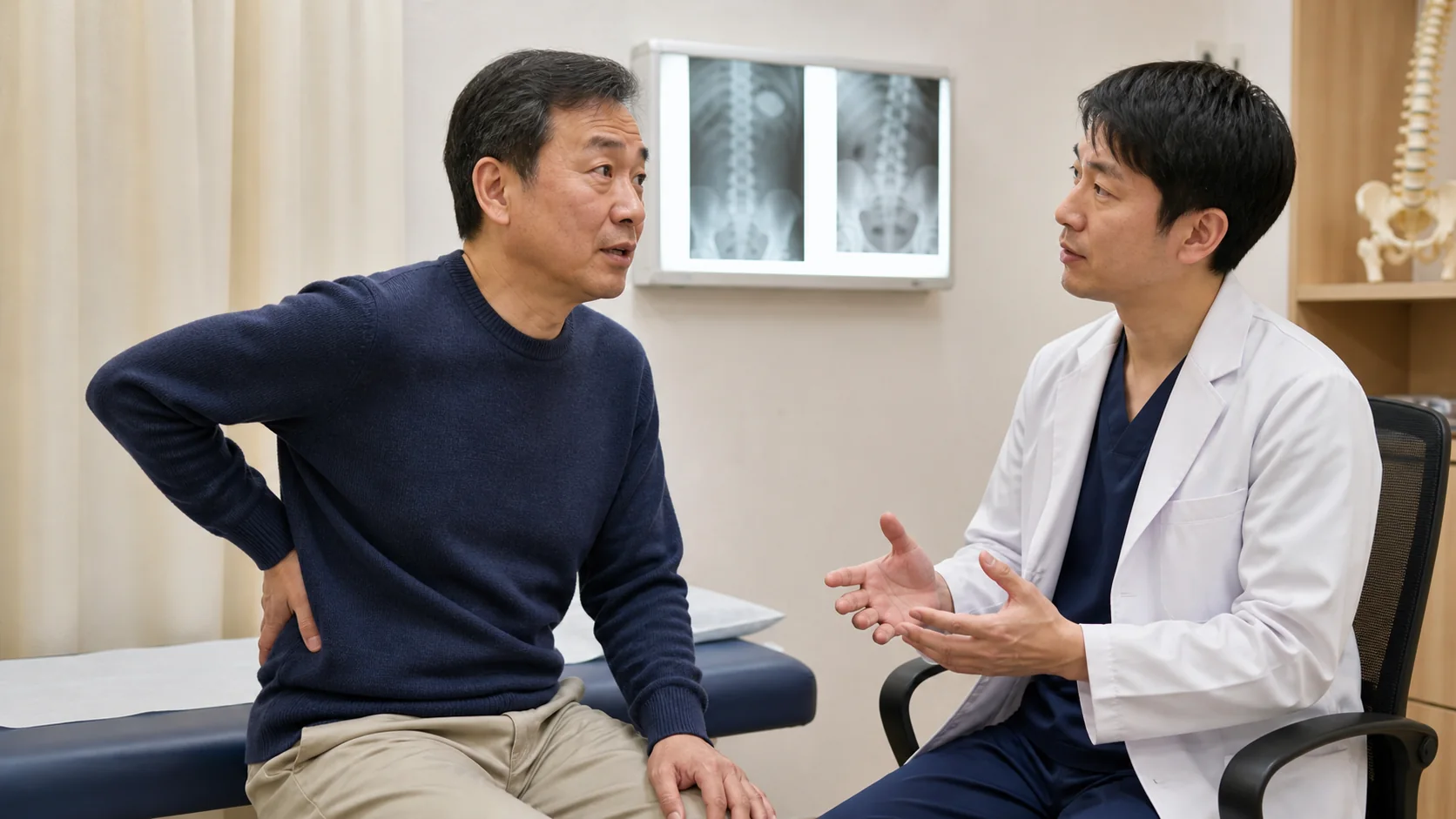 夜間の腰痛を医師に相談する患者