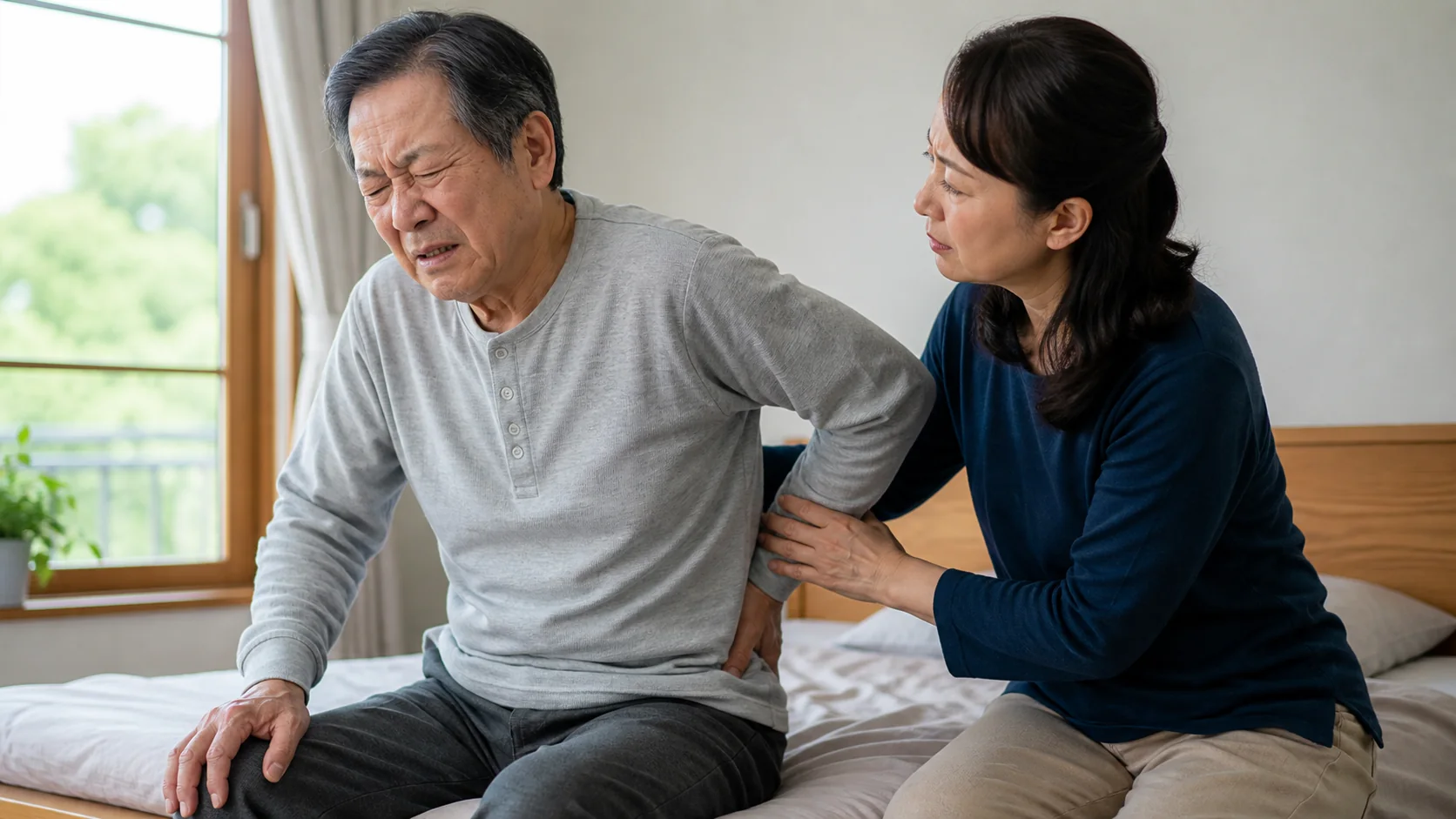 急な強い腰痛を家族に支えられる高齢男性