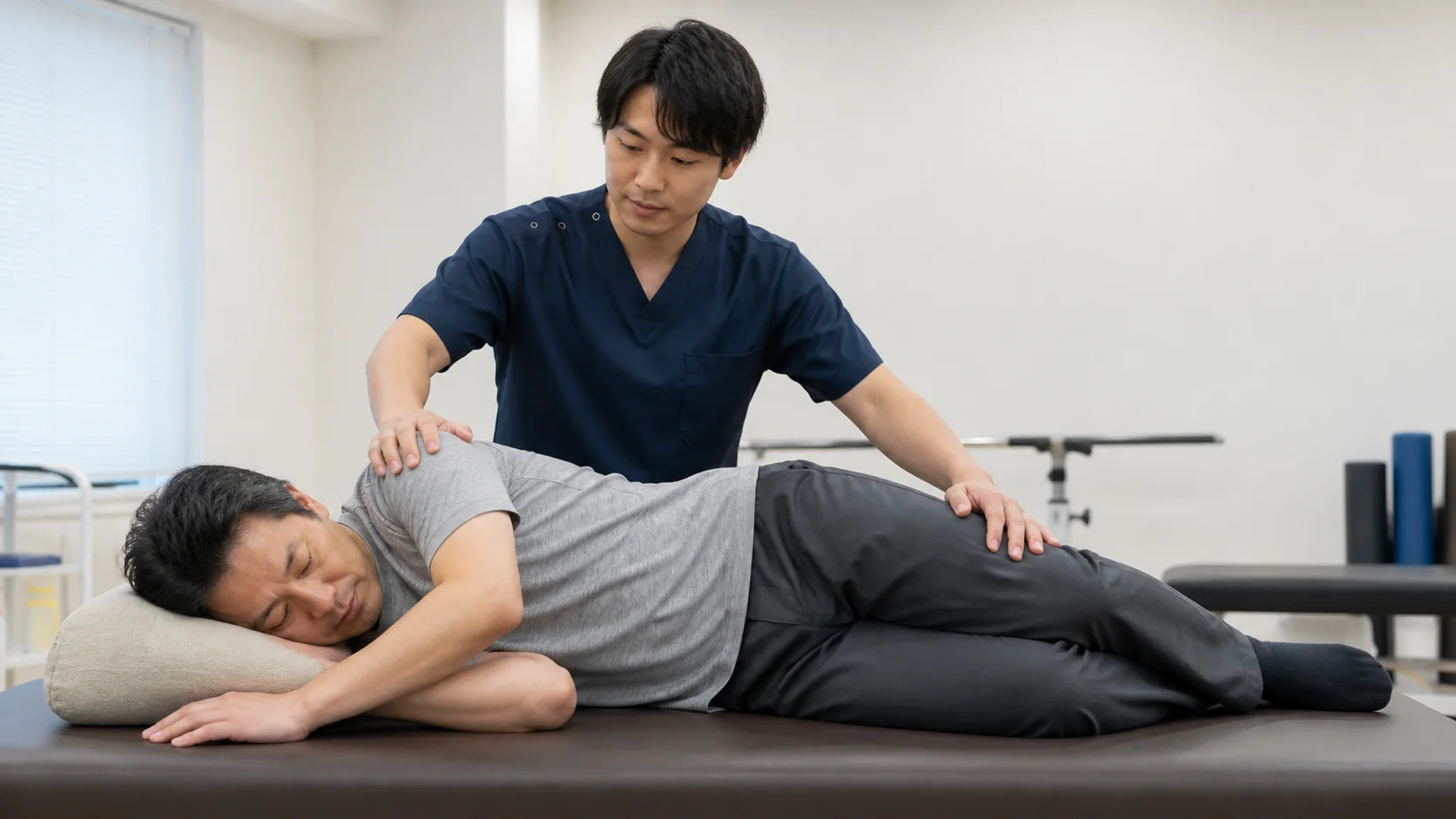 肩と骨盤をそろえて寝返りする練習