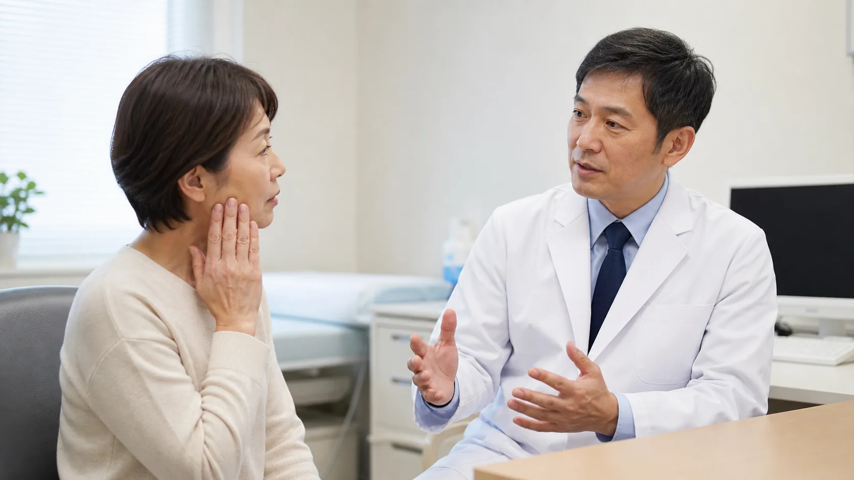 片側の顔の違和感を医師に相談する患者