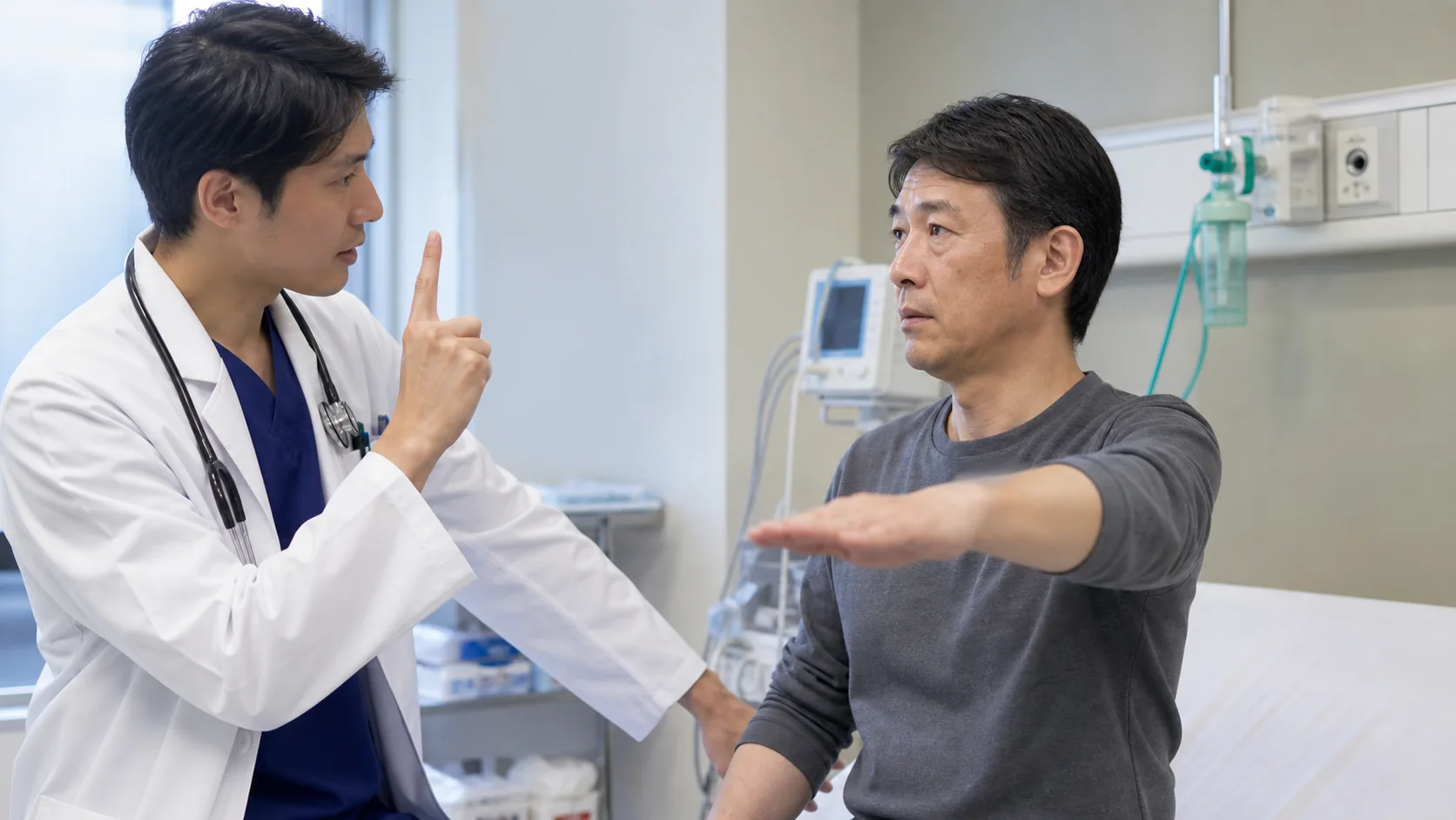 顔の症状と手足の動きを医師が確認する様子