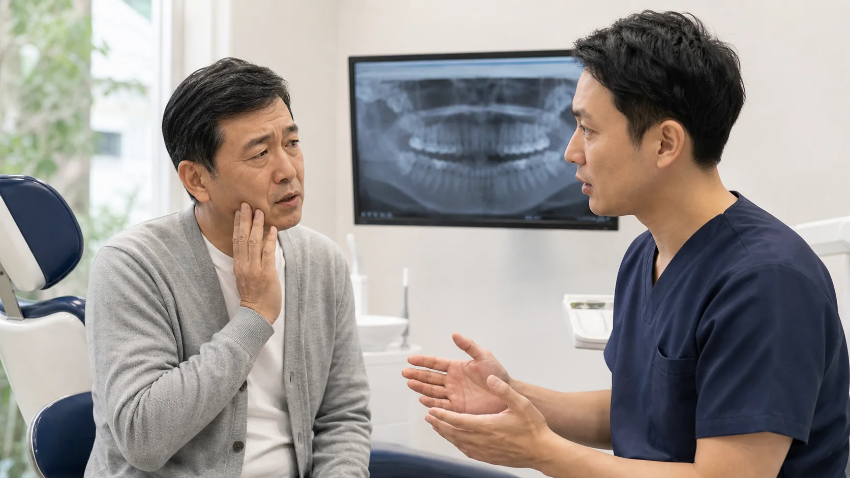 顎の痛みと開けにくさを歯科医に相談する患者