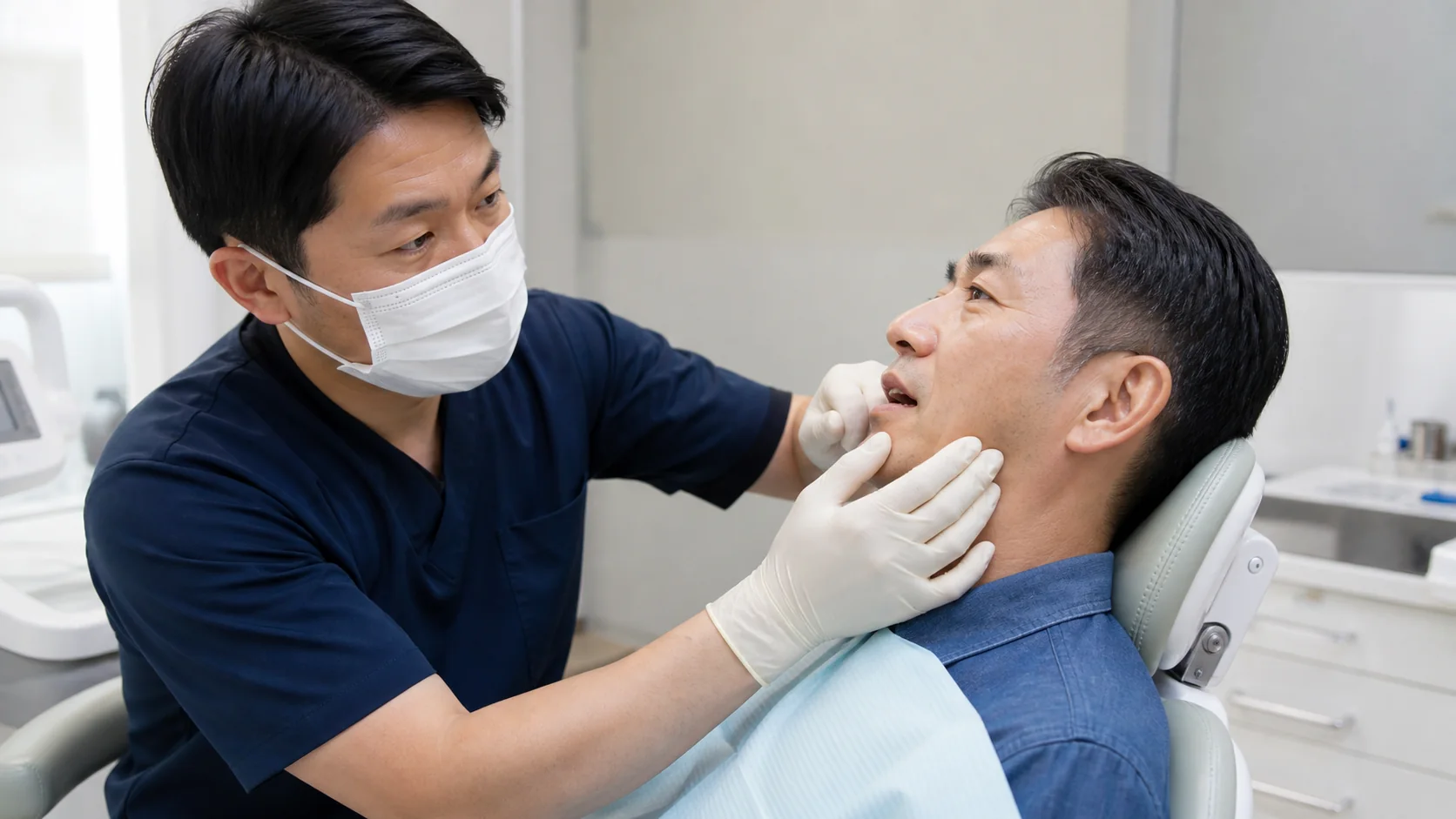 歯や歯ぐきと顎周辺を歯科で確認する様子