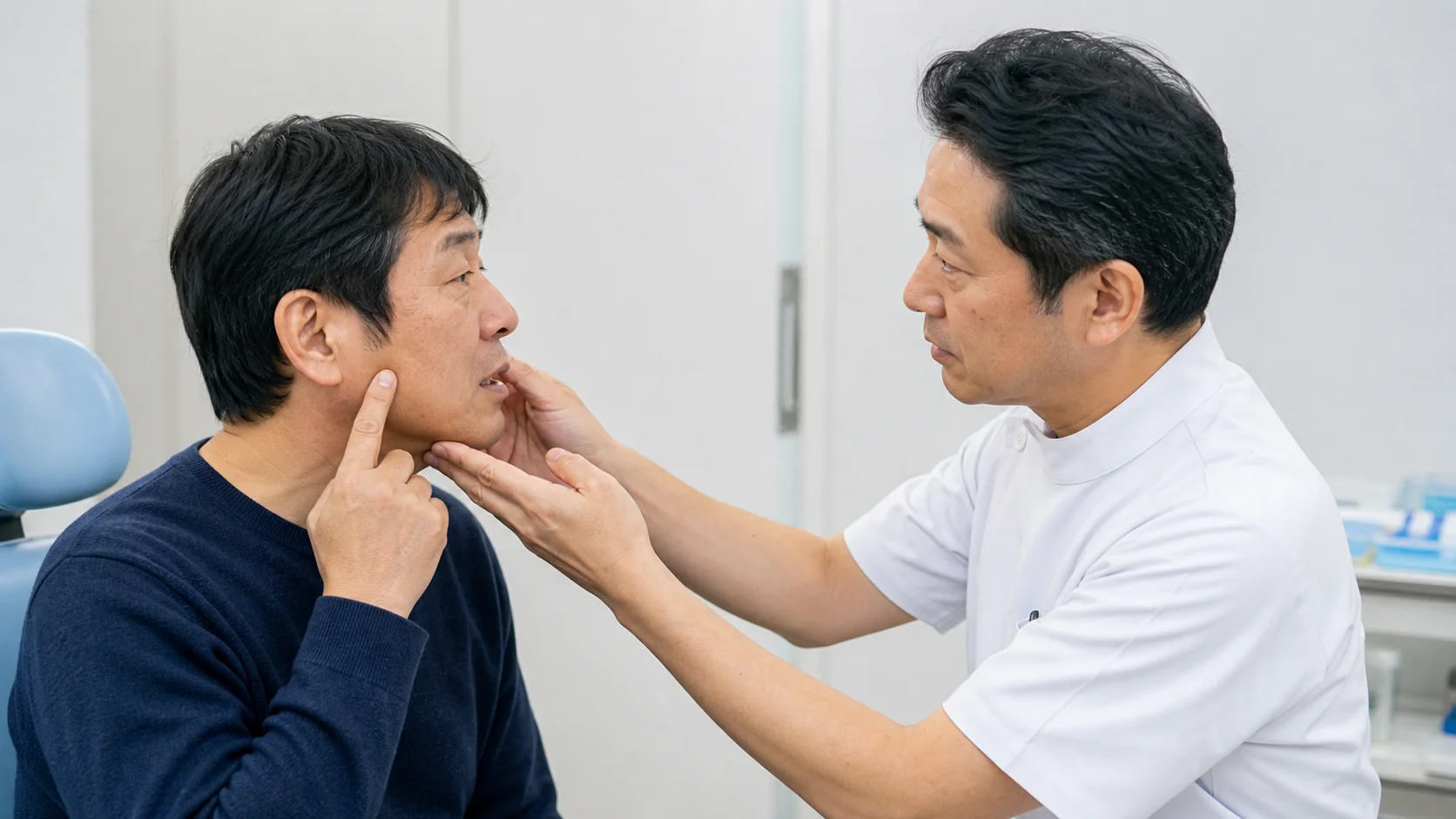 耳の前の顎関節の痛みを確認する様子