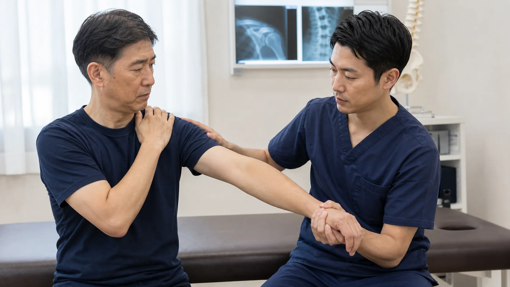 肩・手首・首由来の腕の脱力を確認する様子