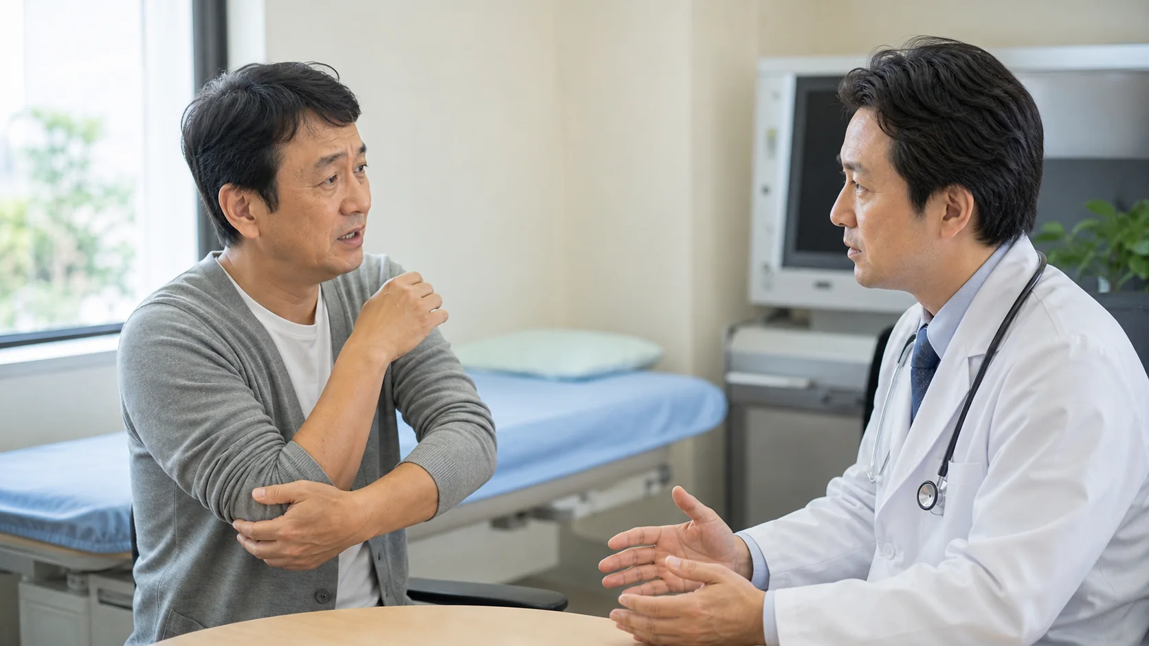 腕の脱力やしびれを医師に相談する患者