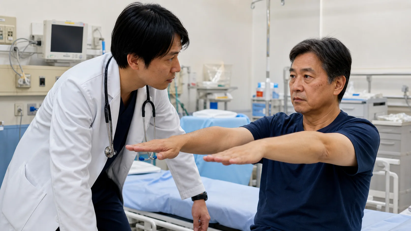 脳卒中のサインとして両腕の保持を確認する様子