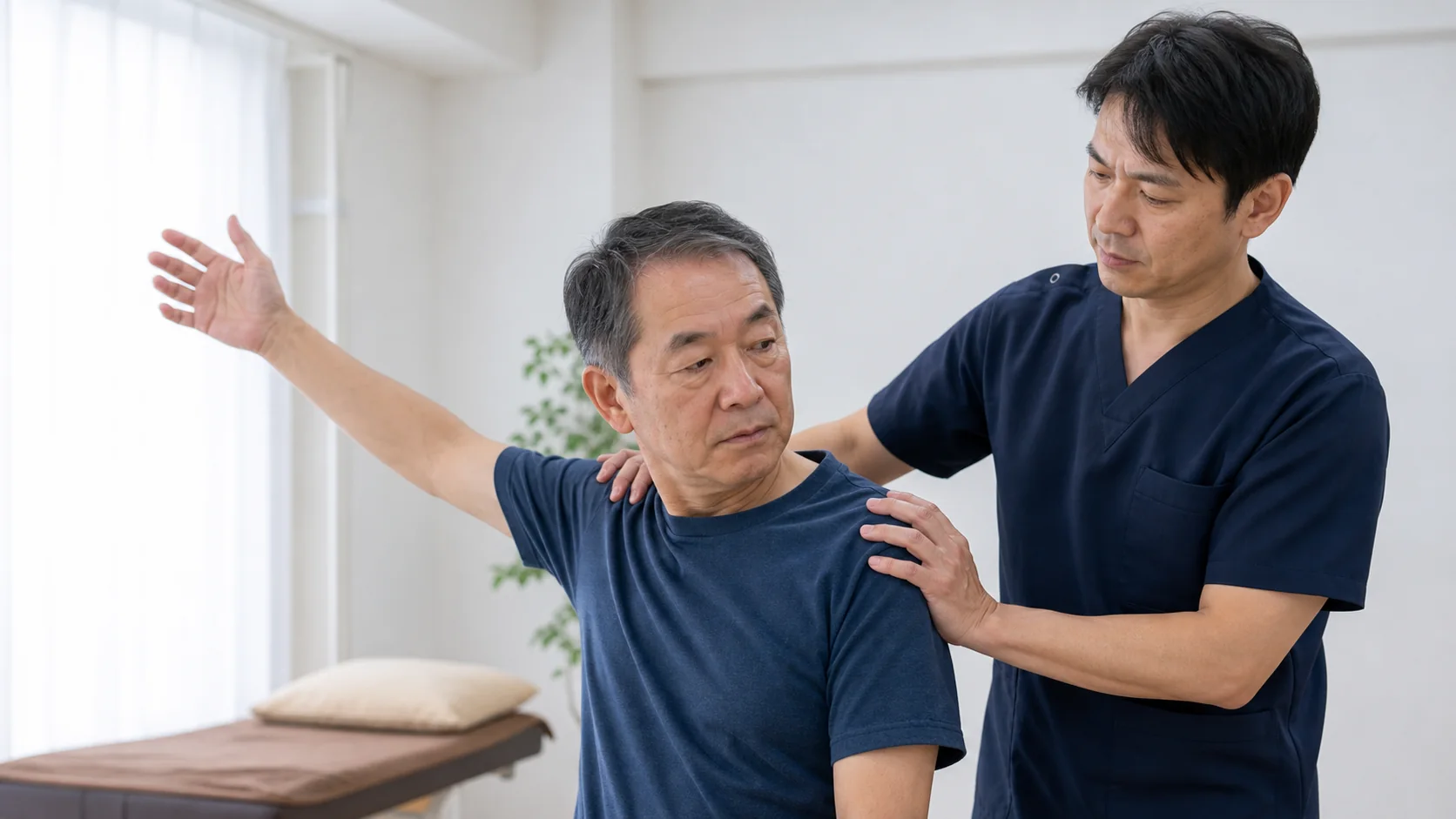 四十肩による肩の可動域を確認する様子