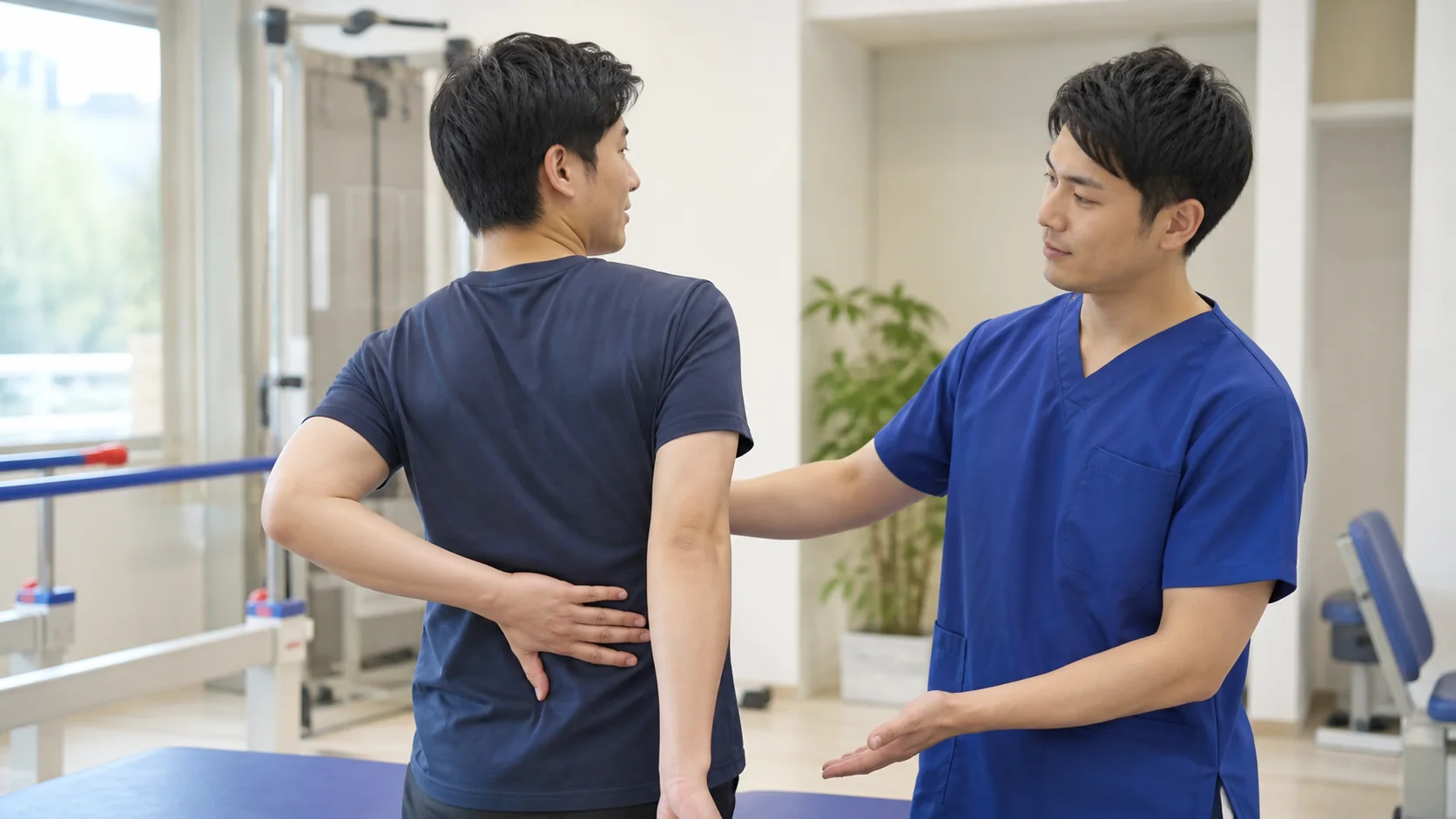 腕を後ろへ回す肩の動きを確認する様子