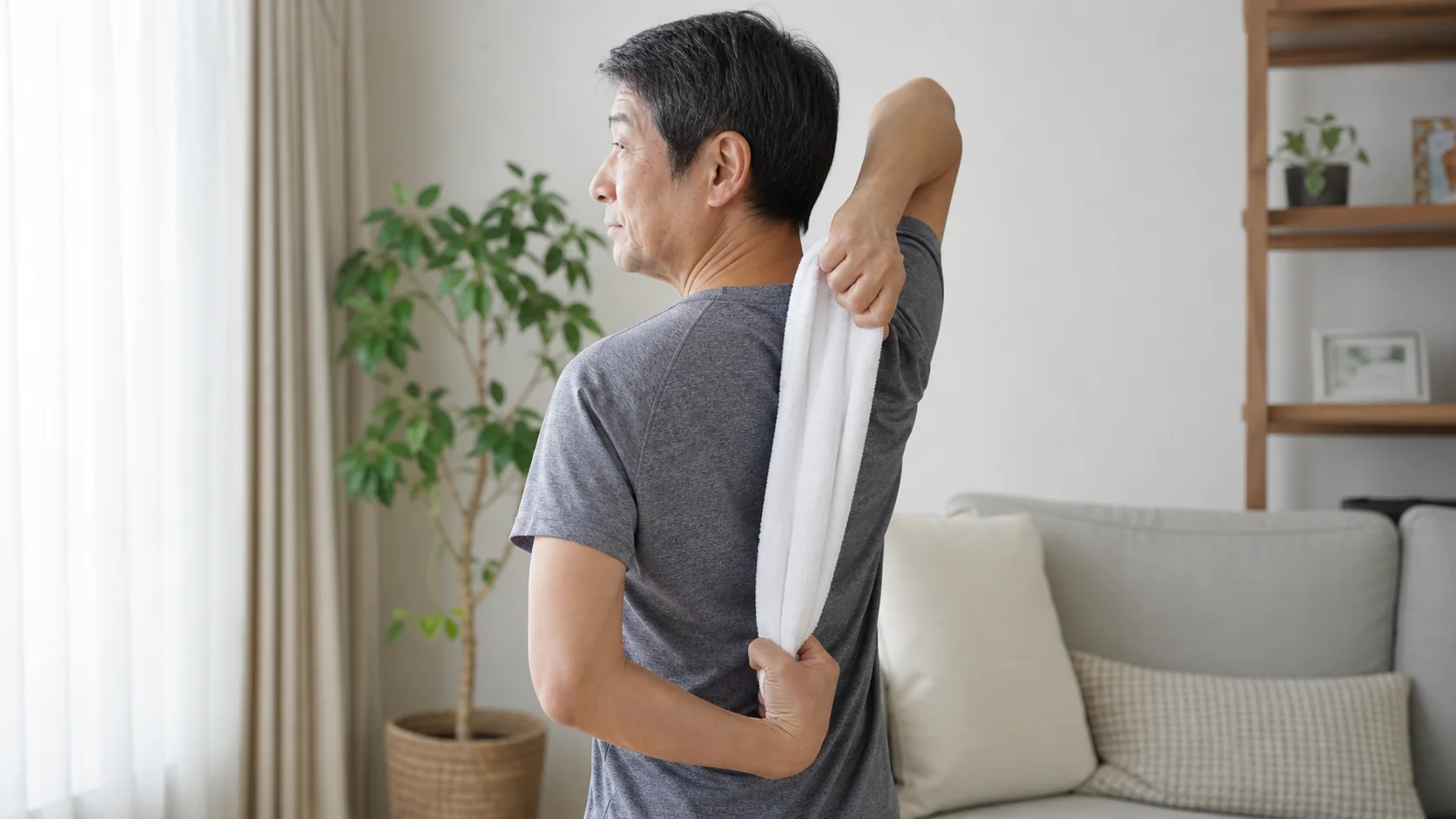 タオルを使って肩を無理なく動かすセルフケア