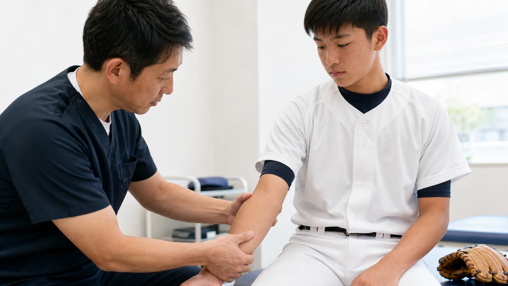 成長期の野球選手の肘を診察する様子