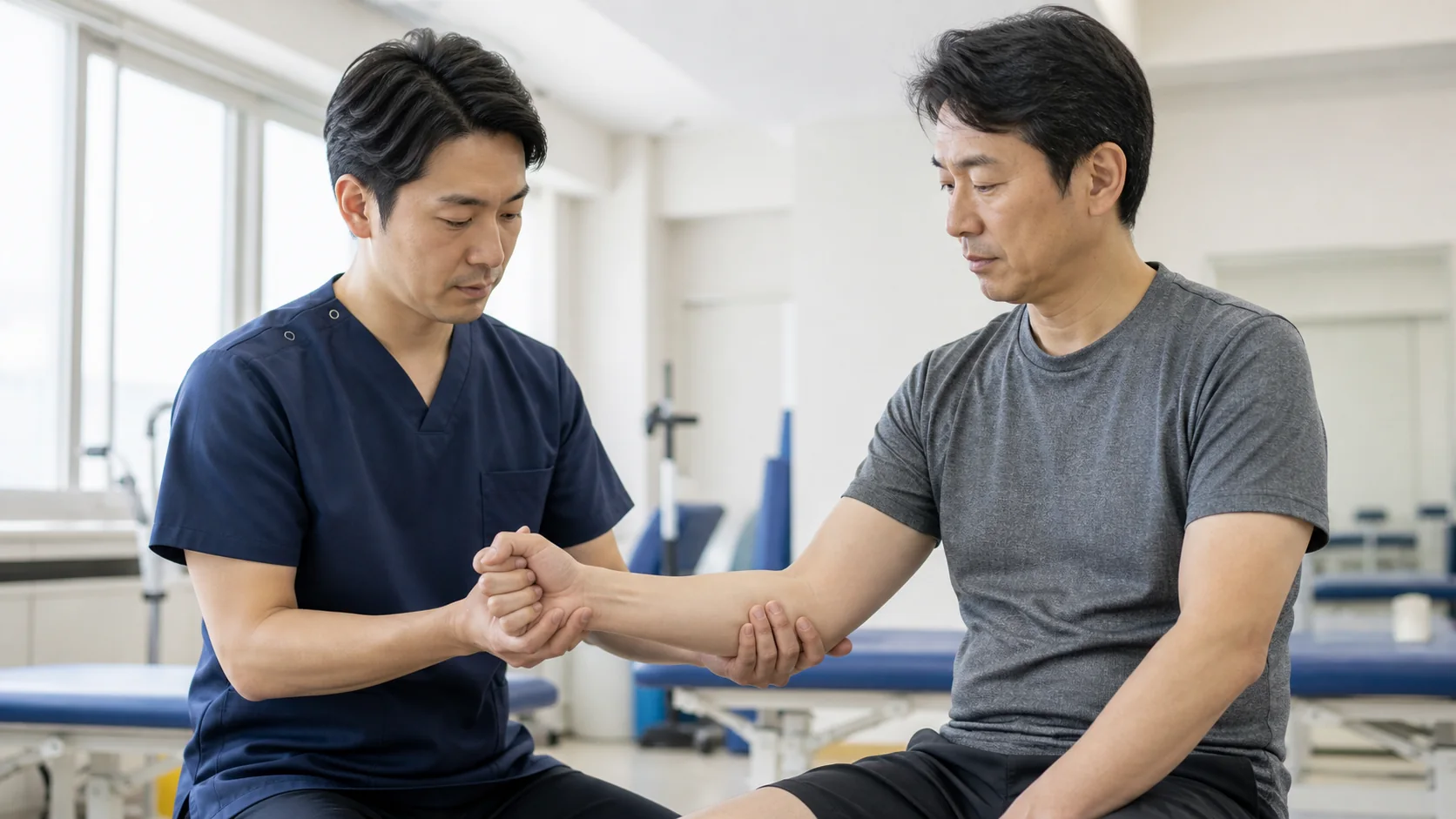 ゴルフ肘の手首の抵抗動作を確認する様子