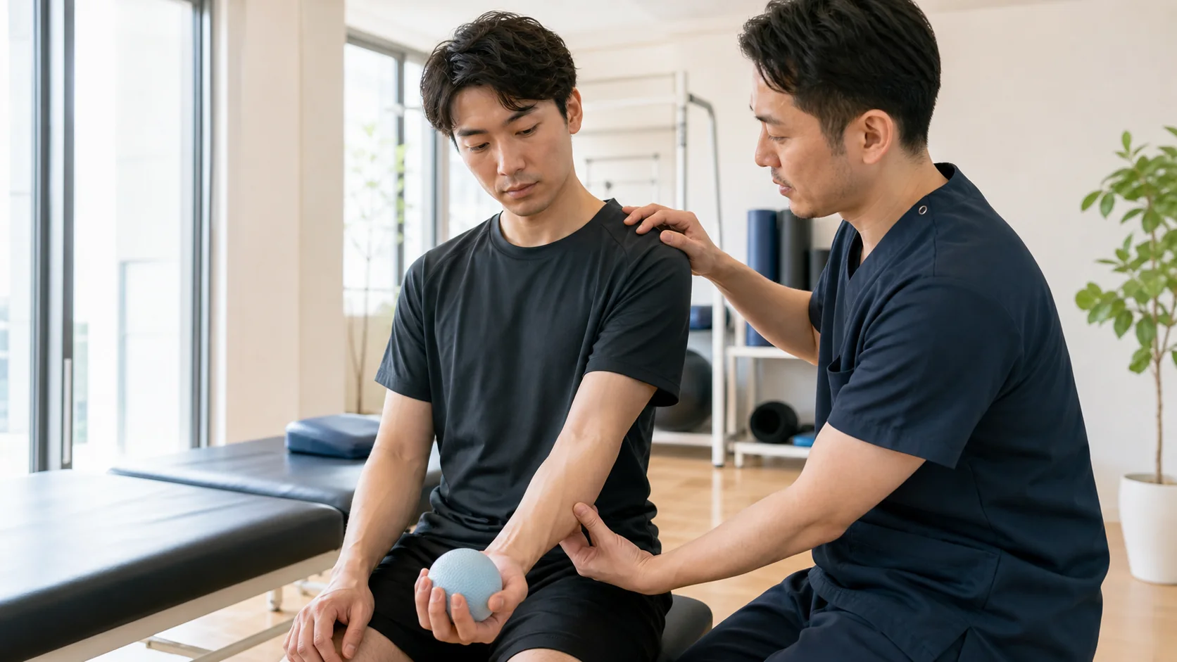握り方と姿勢による肘への負担を確認する様子