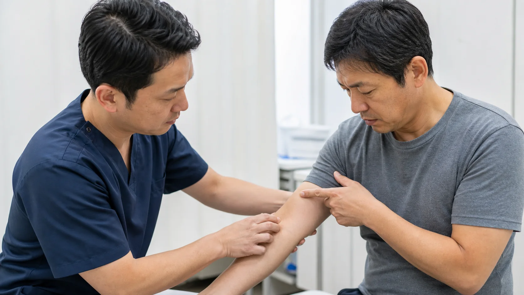 肘の内側の痛む位置を確認する様子