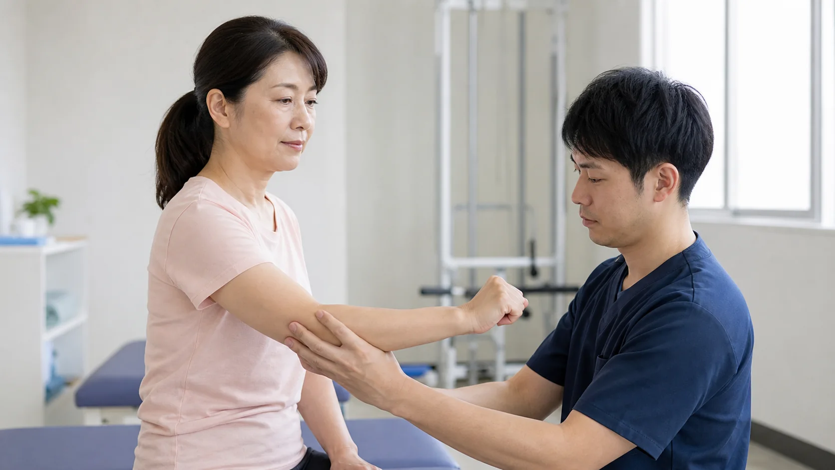 テニス肘の手首の抵抗動作を確認する様子