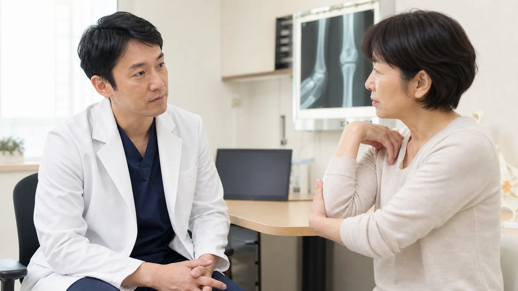 家事で続く肘の痛みを医師に相談する患者