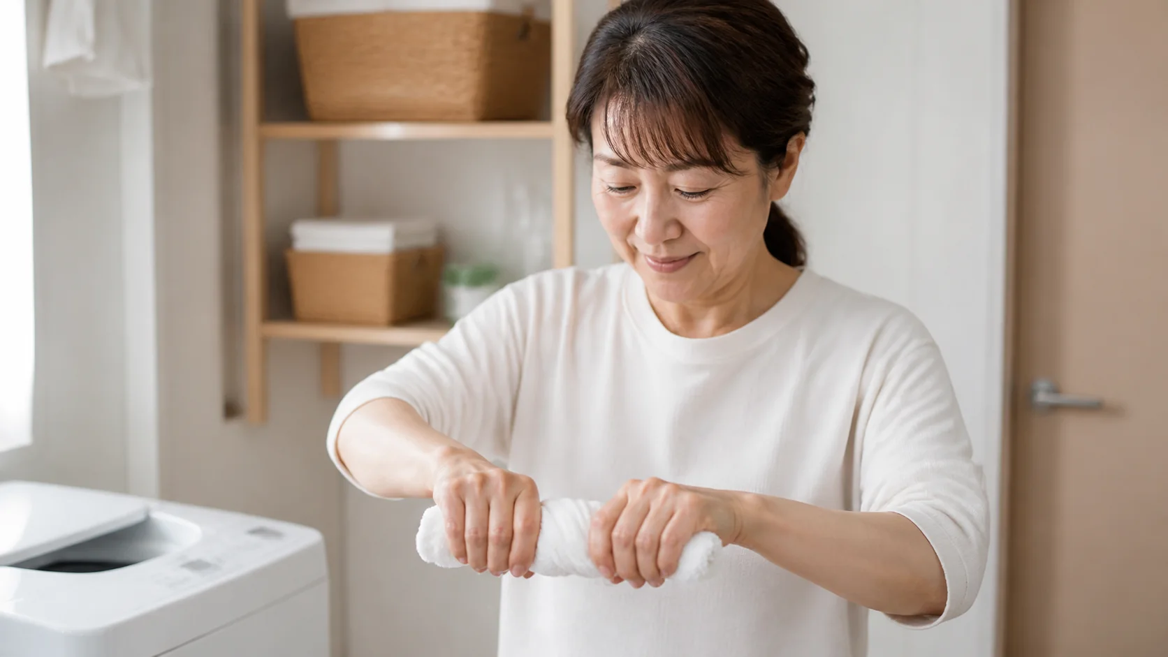 手首をひねって雑巾を絞る動作