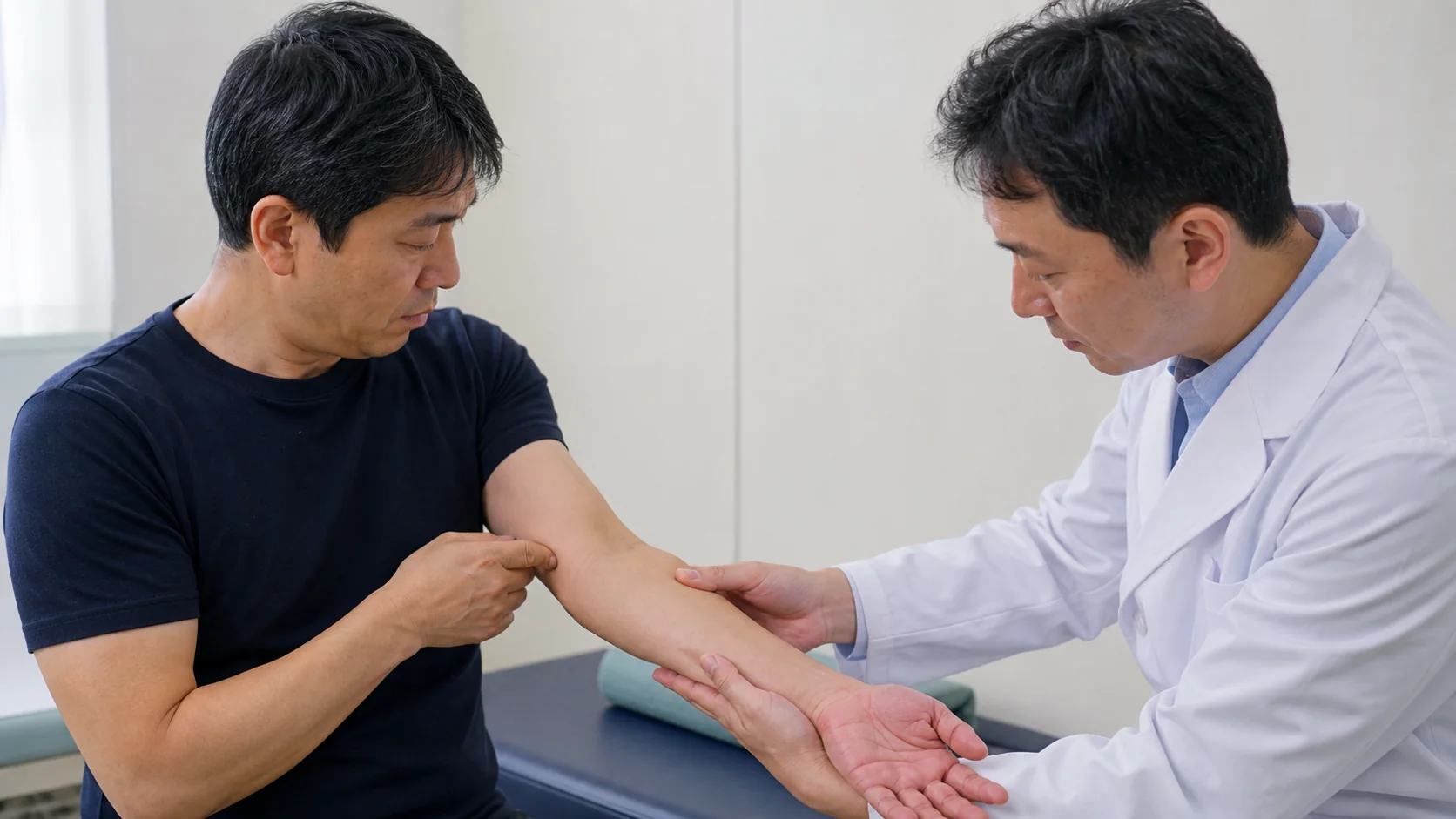 肘の内側と外側の痛みを診察する様子
