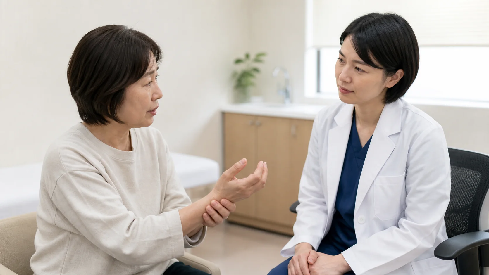 握りにくさと手の痛みを医師に相談する患者