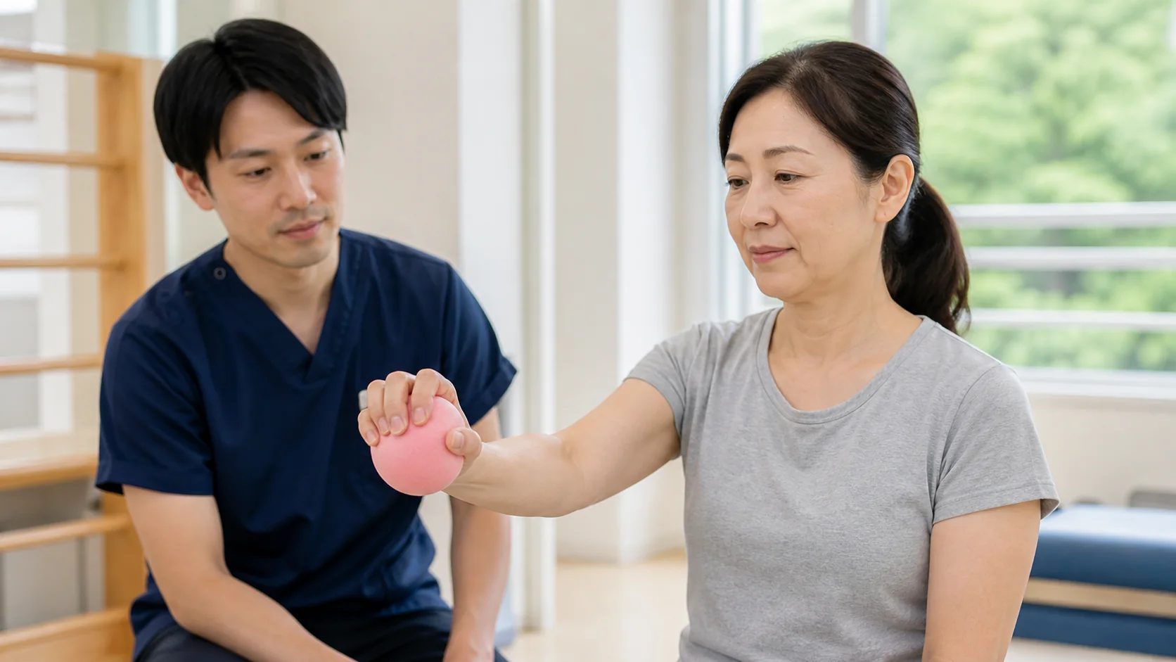 柔らかいボールで握る動きを確認する様子