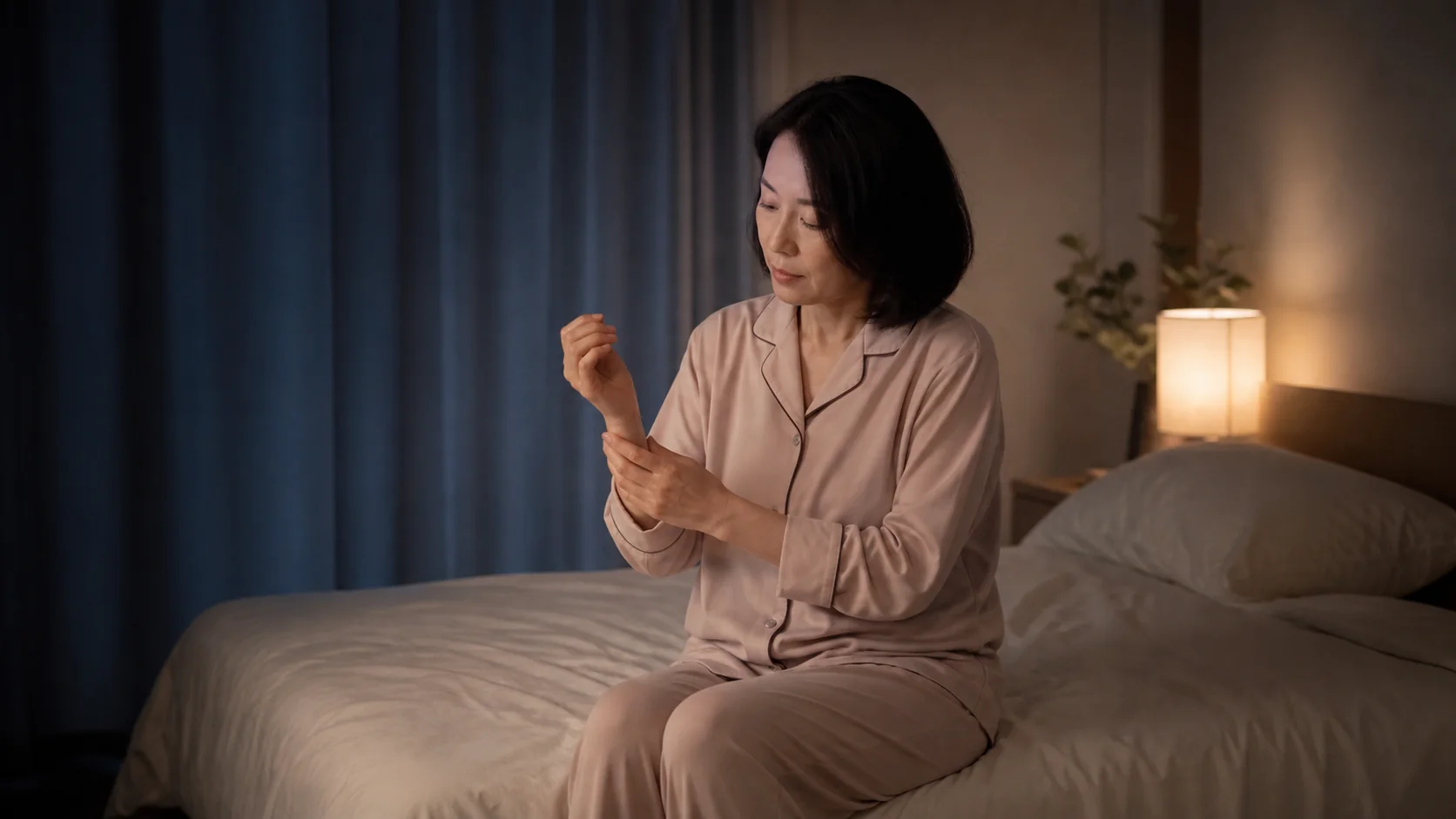 夜中に目覚めて手を休ませる女性