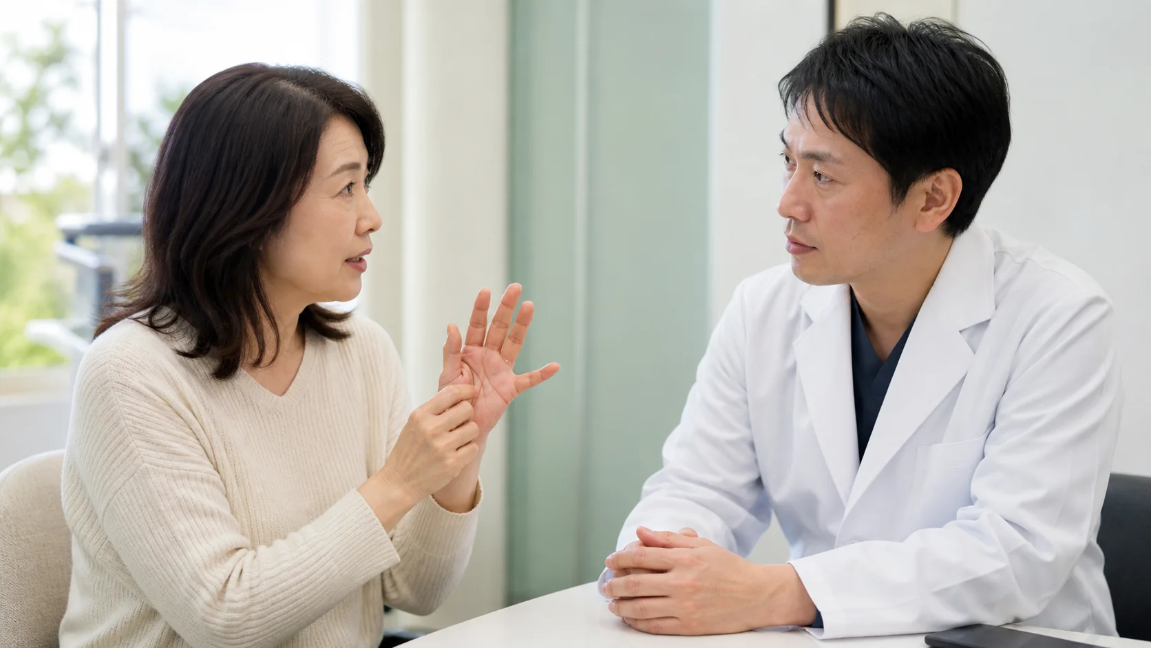 繰り返す指の引っかかりを医師に相談する患者
