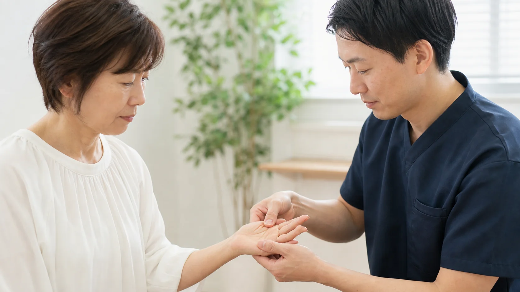 ばね指で引っかかる指の付け根を確認する様子