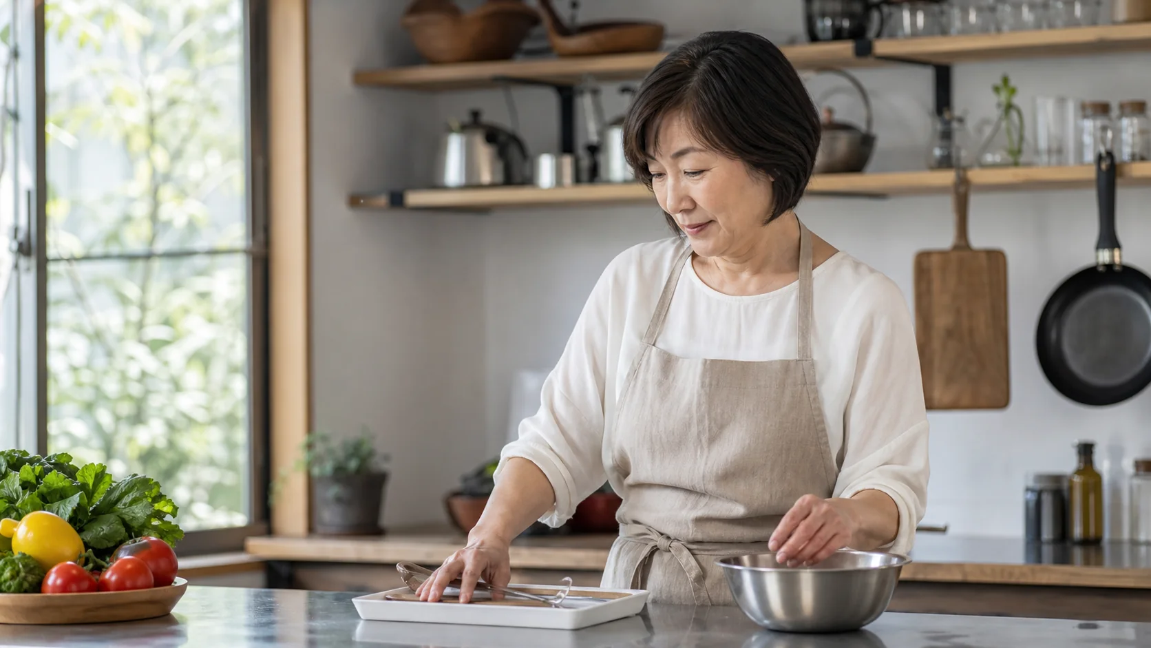 手作業の合間に指を休ませる女性