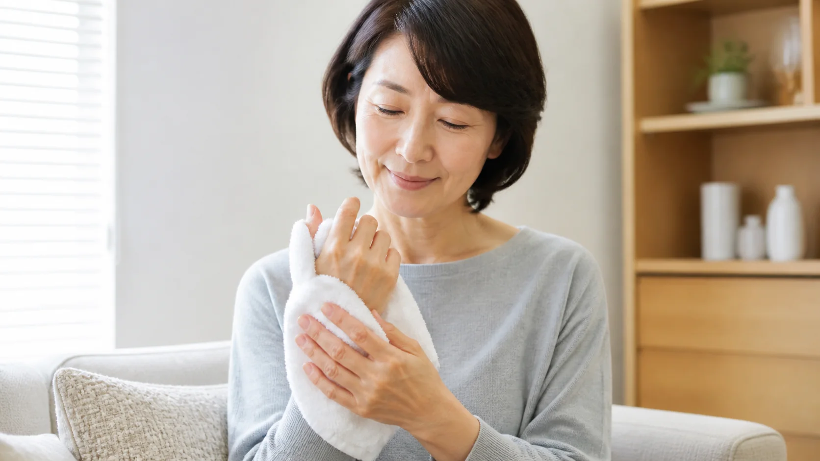 温かいタオルで手と指を休ませるセルフケア