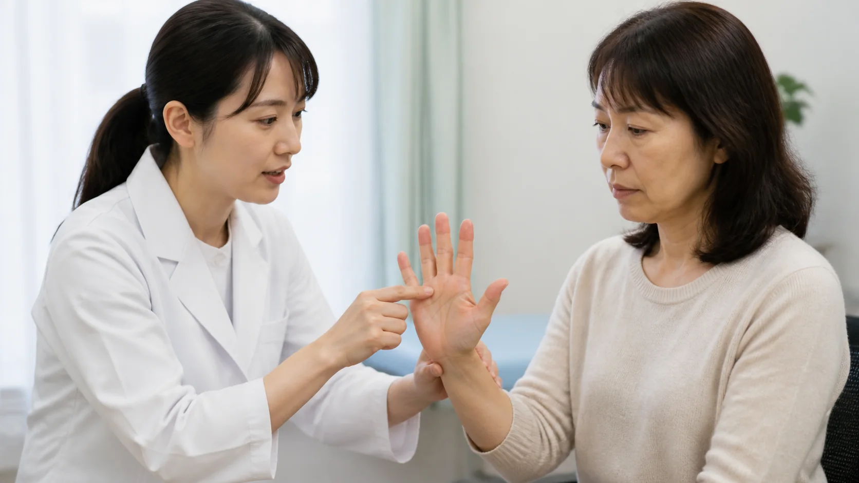 指の曲げ伸ばしと引っかかりの段階を確認する様子